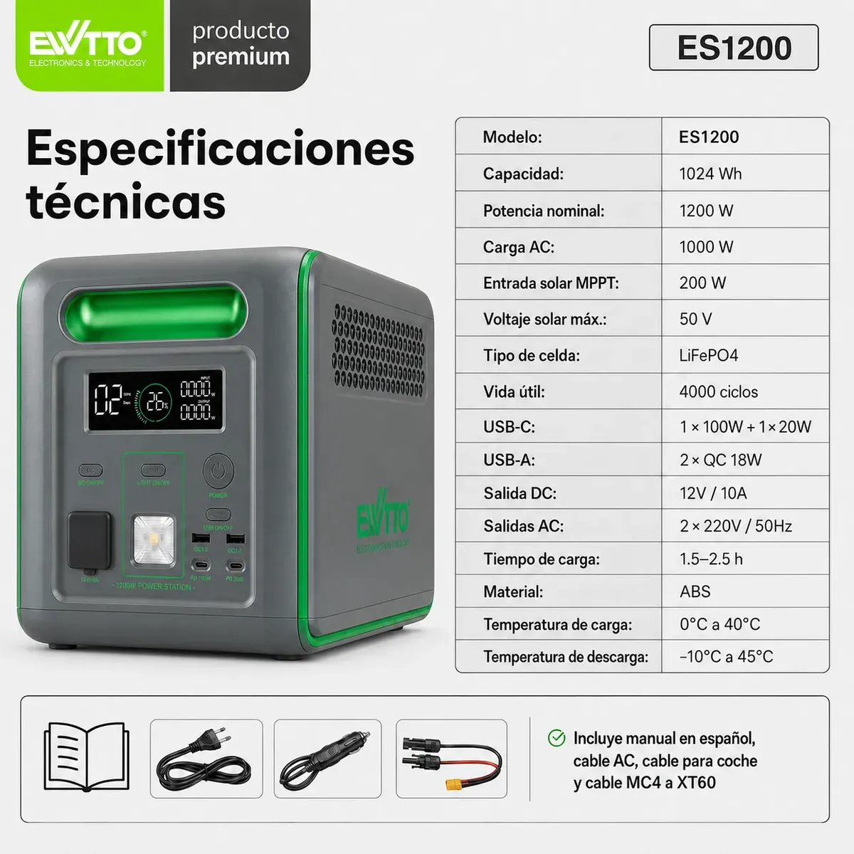 Generador-electrico Energia-solar 1200w Portátil Ewtto Bater - Imagen 3