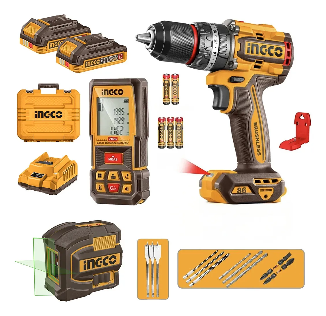 Taladro Per Bl +2 Bat Y Carg +medidor Y Nivel Laser 20v/86nm