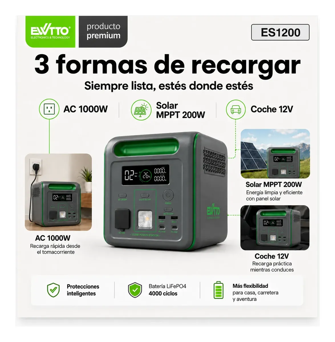 Generador-electrico Energia-solar 1200w Portátil Ewtto Bater - Imagen 6