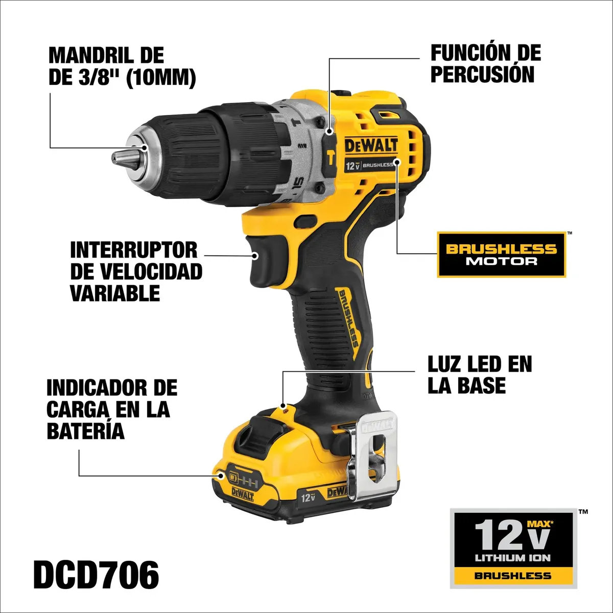 Kit Taladro Percutor + Atornillador 12v Dewalt Dck225f2-b2 - Imagen 5