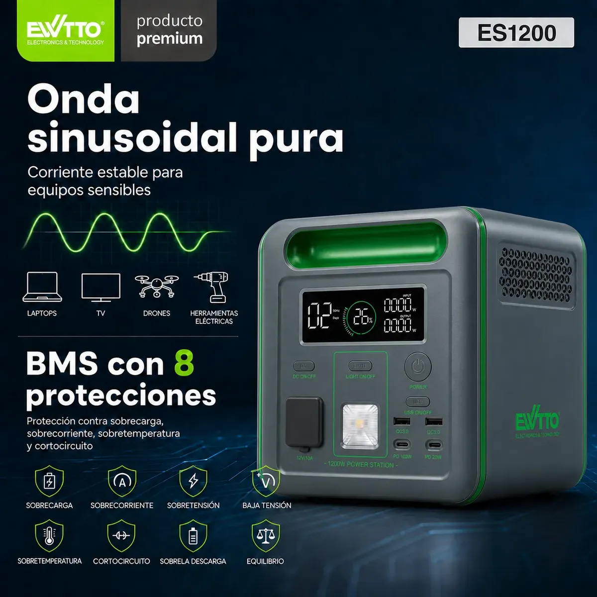 Generador-electrico Energia-solar 1200w Portátil Ewtto Bater - Imagen 11