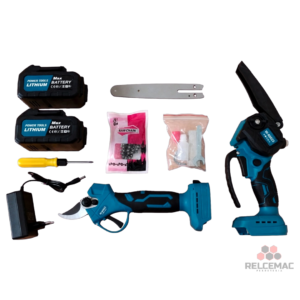 Kit de Jardinería Inalámbrico 2 en 1 Tasbel W-60023: Mini Motosierra + Tijera Podadora 21V (Incluye Maleta Rígida y 2 Baterías)
