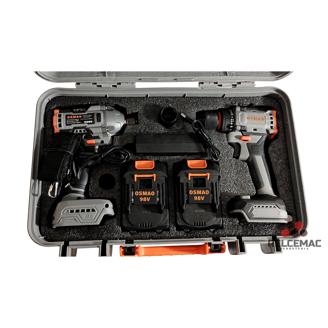 Combo Inalámbrico Osmao 98V: Taladro Mandril + Llave de Impacto 1/2" con 2 Baterías y Maletín