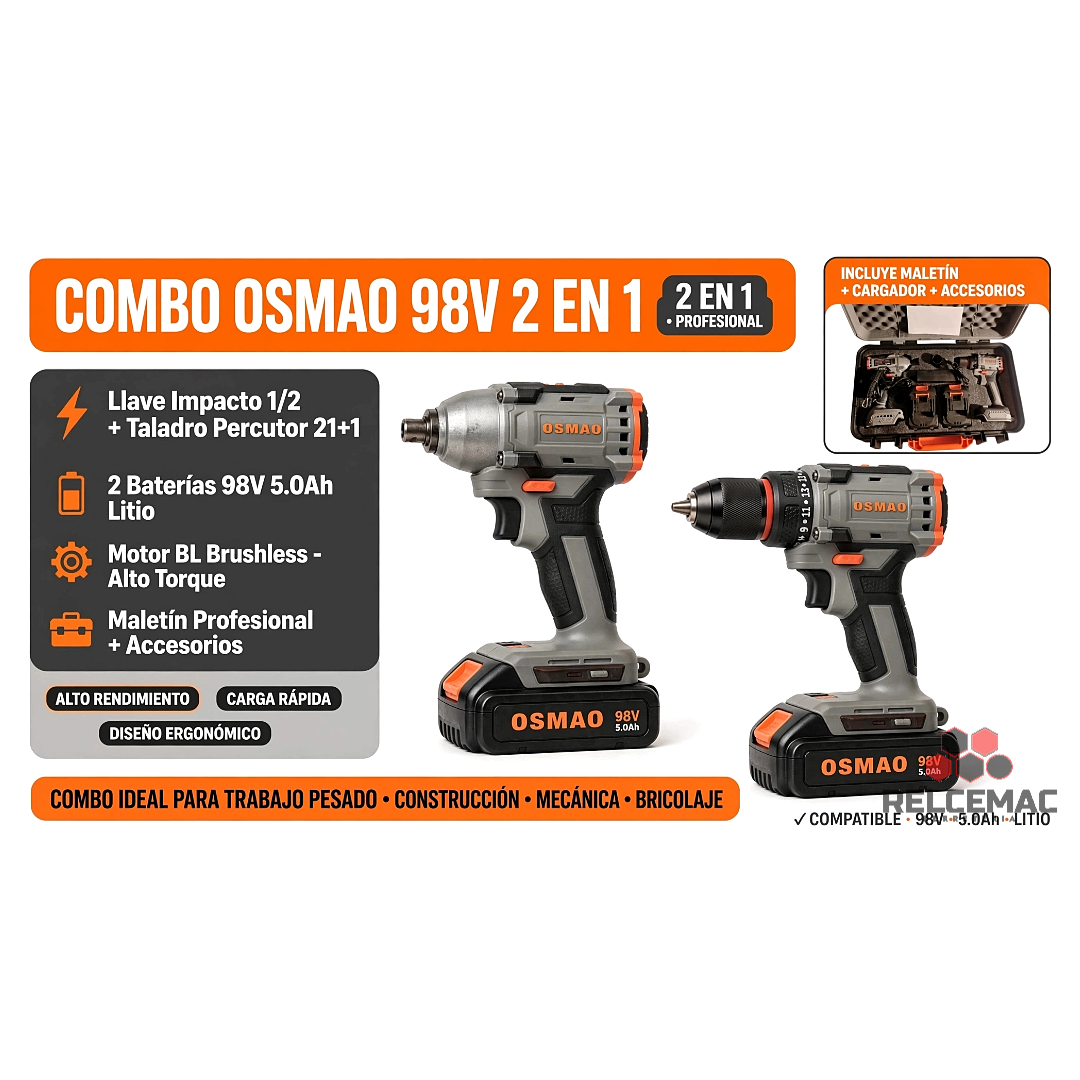 Combo Inalámbrico Osmao 98V: Taladro Mandril + Llave de Impacto 1/2" con 2 Baterías y Maletín - Imagen 3