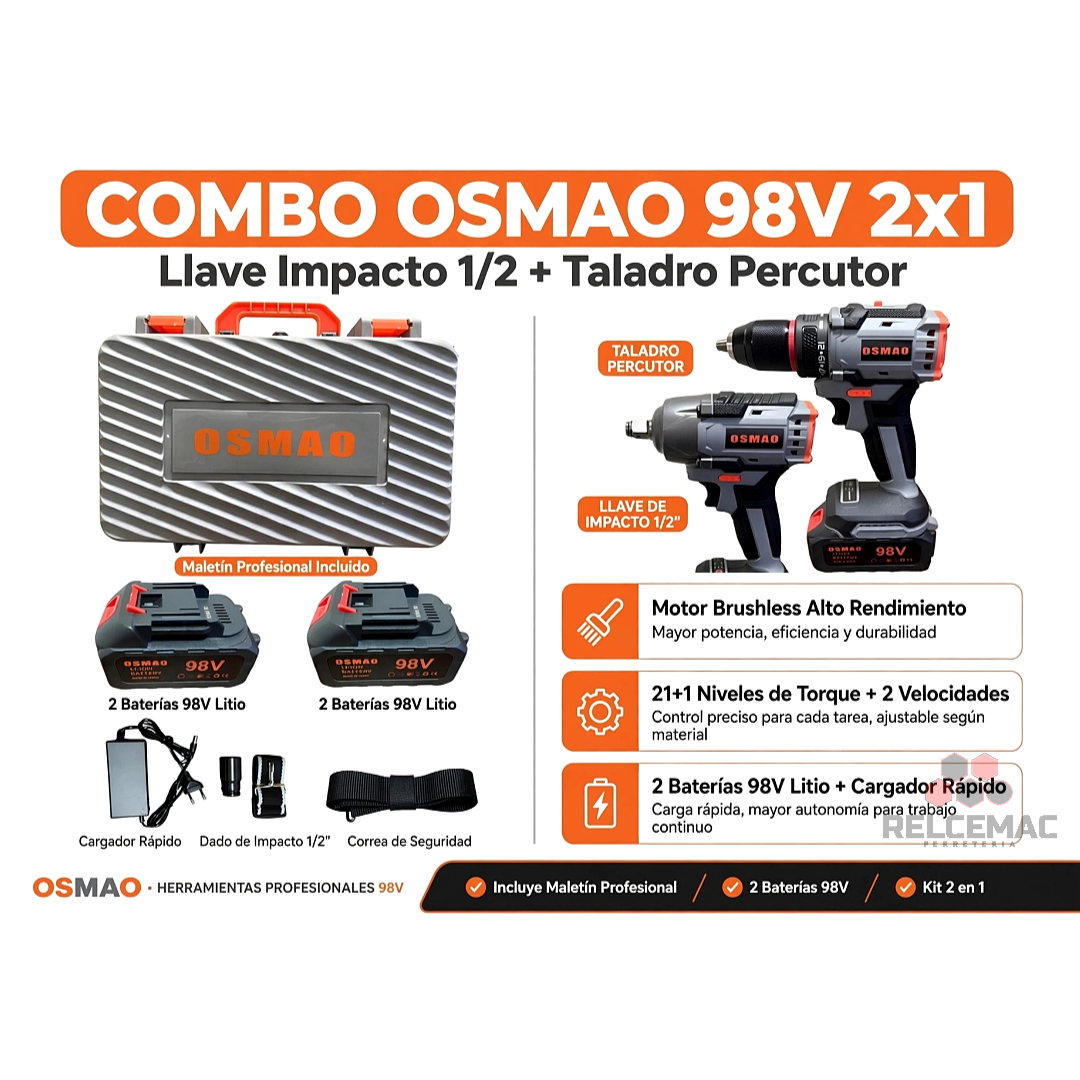 Combo Inalámbrico Osmao 98V: Taladro Mandril + Llave de Impacto 1/2" con 2 Baterías y Maletín - Imagen 4